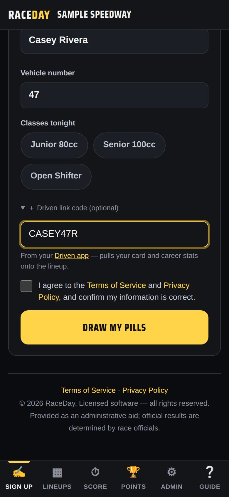 The Driven link code box at RaceDay sign-up