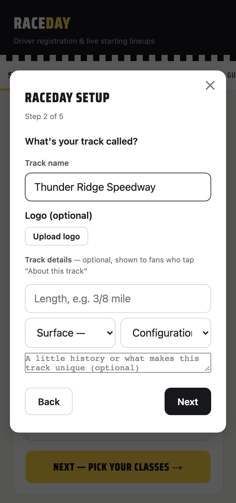 V1 setup wizard step 2, track identity fields