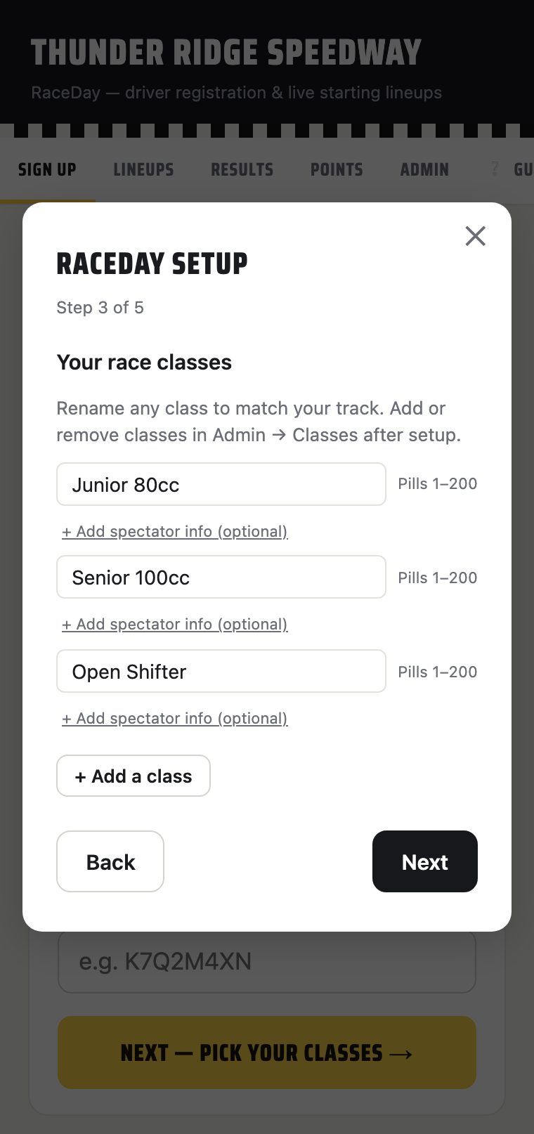 V1 setup wizard step 3, race classes list