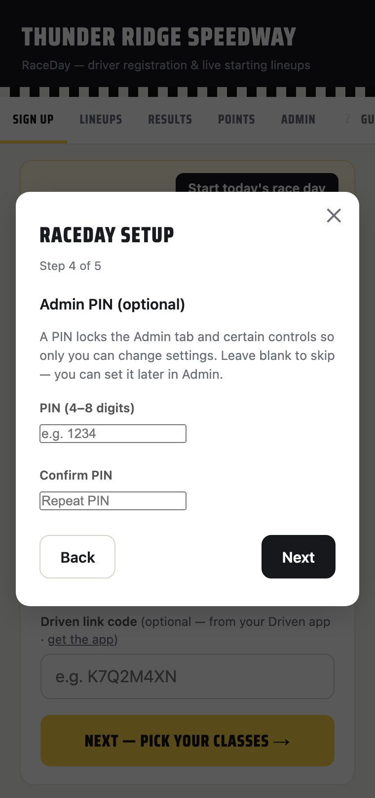 V1 setup wizard step 4, admin PIN fields