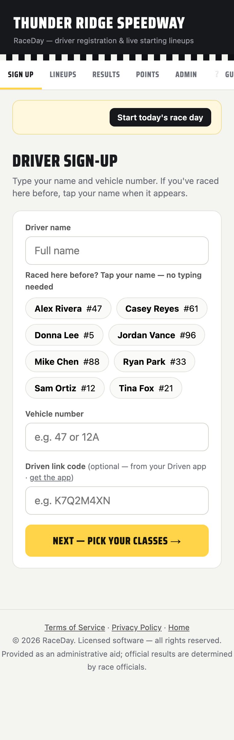 V1 sign-up step 1, name and number with roster pick list