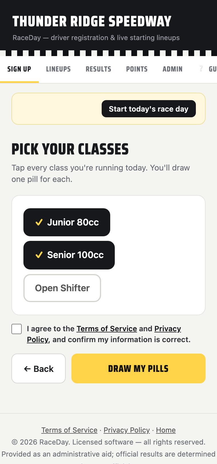 V1 sign-up step 2, class chips