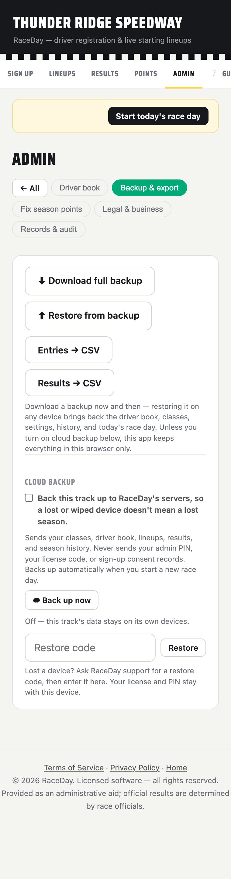 V1 cloud backup admin section