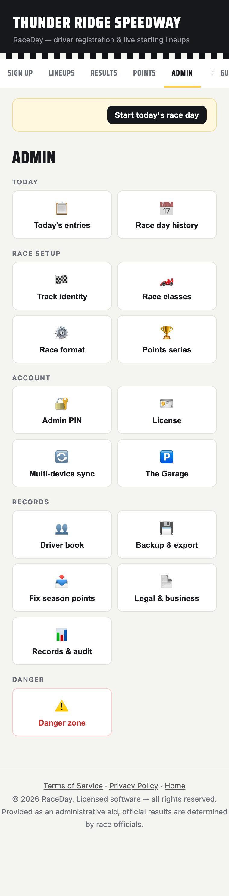 V1 admin home tile grid