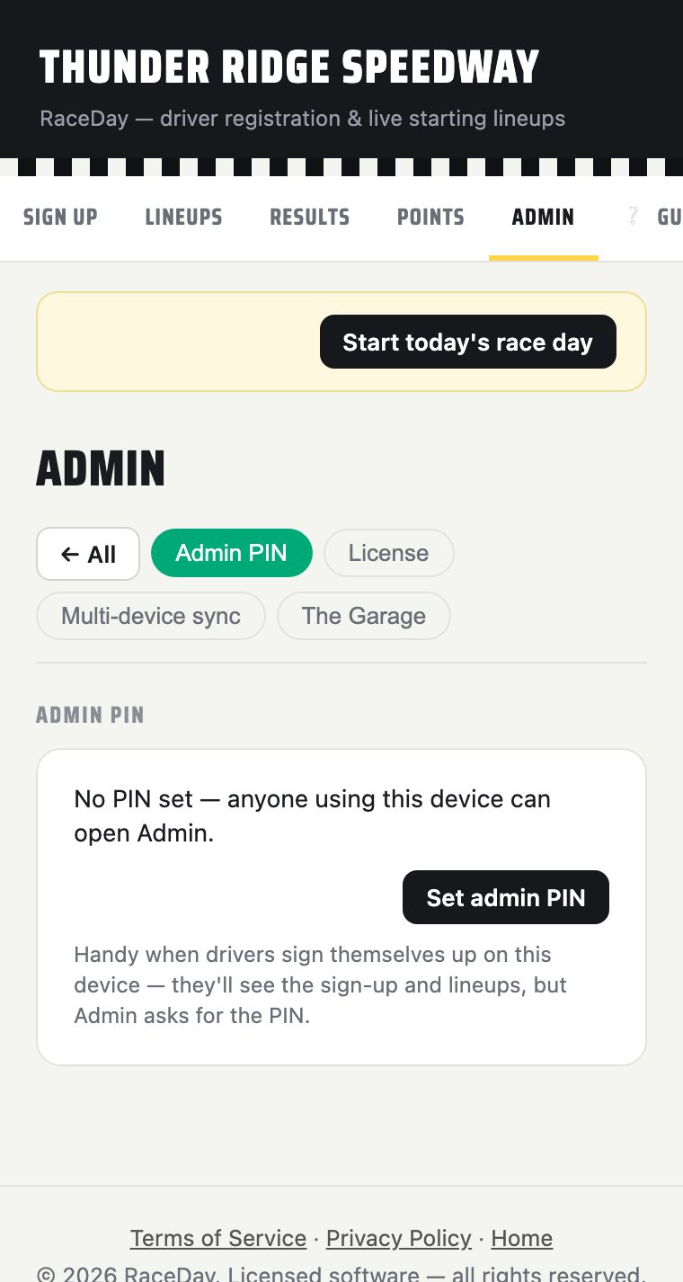 V1 admin PIN section