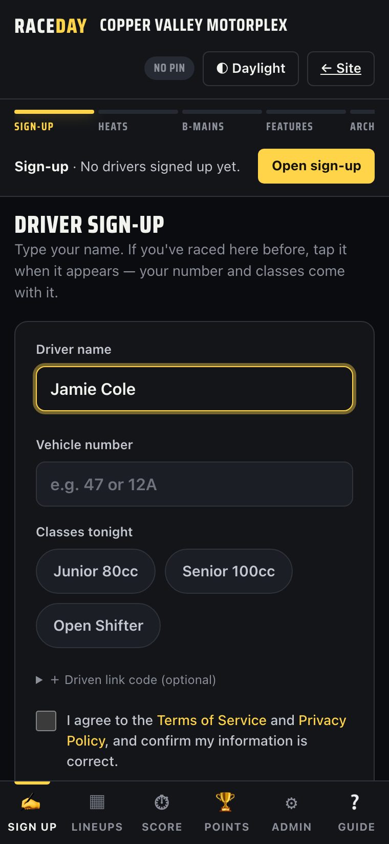 V2 single-screen sign-up with name typed