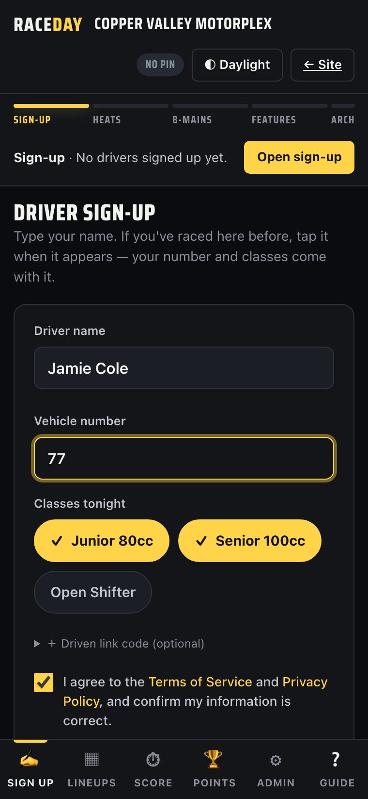 V2 single-screen sign-up with classes picked
