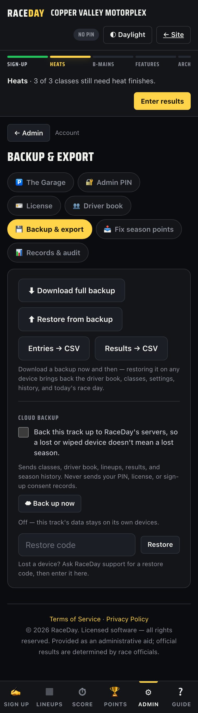 V2 cloud backup admin section
