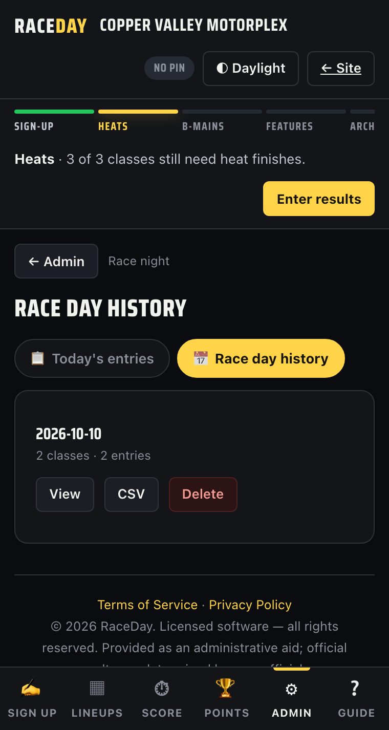 V2 race day history section
