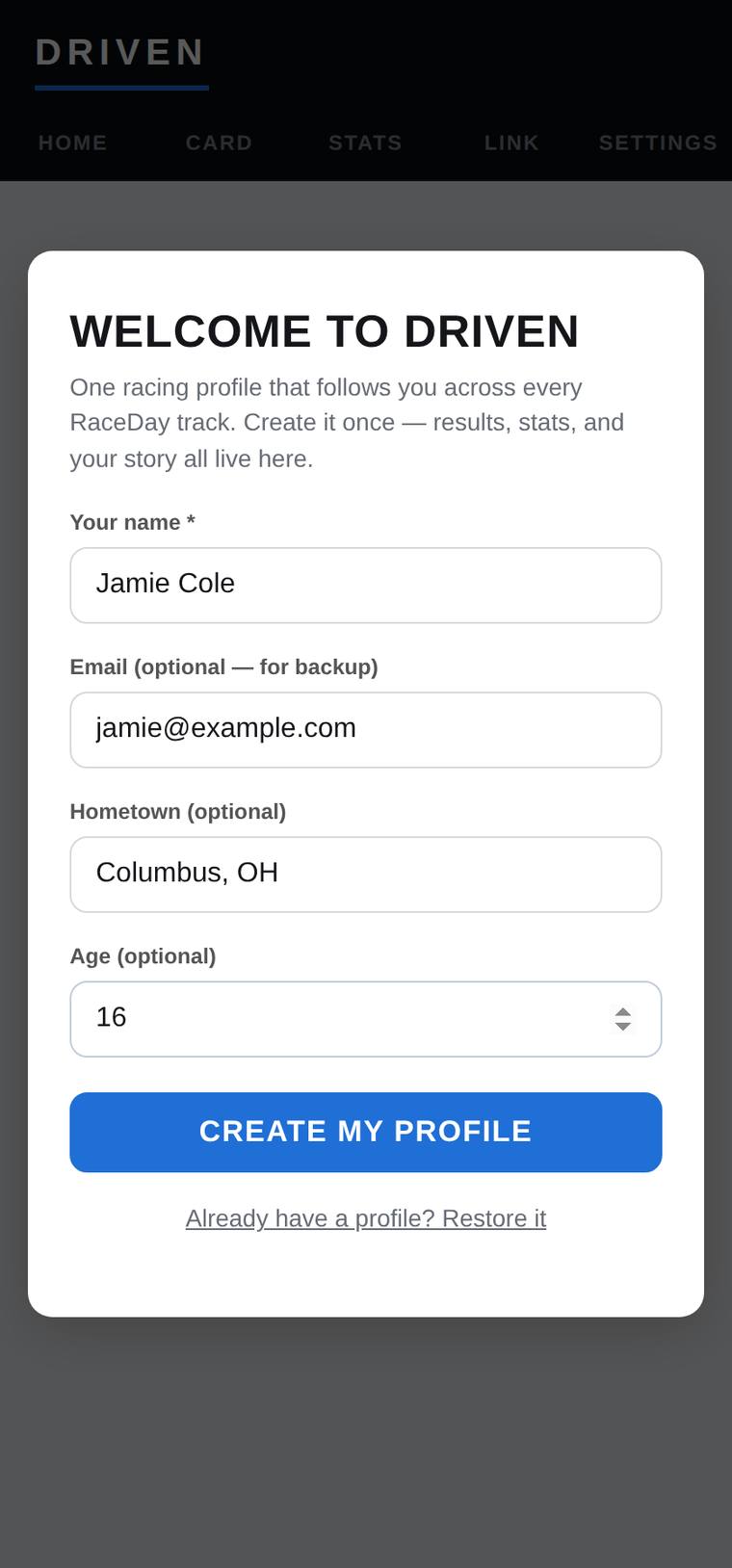 Driven onboarding form filled in