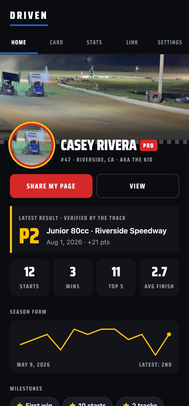 Driven Pro home tab with header photo, three team colors, latest result, stat tiles and season form