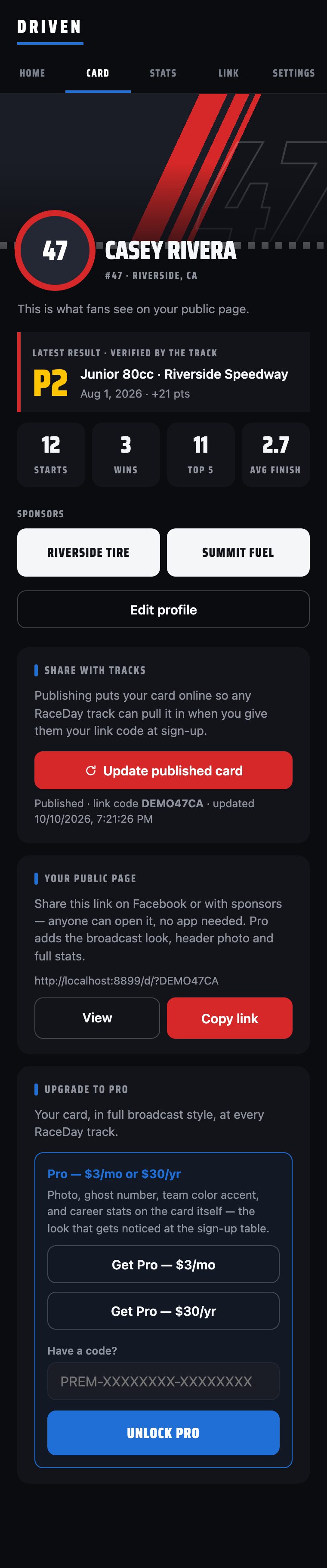 Driven free-tier Card tab: team-color banner, stats, results, publish box and Upgrade to Pro