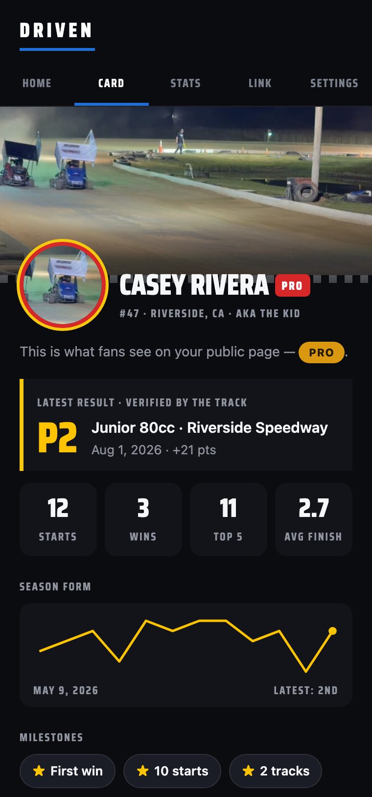 Driven Pro Card tab: header photo, PRO badge, latest result, stat tiles and season form