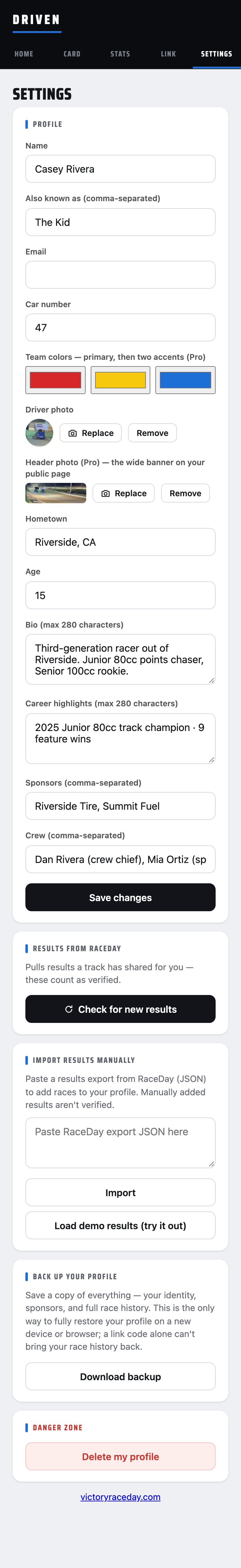 Driven Pro settings with photo and header photo uploaded and three team-color pickers