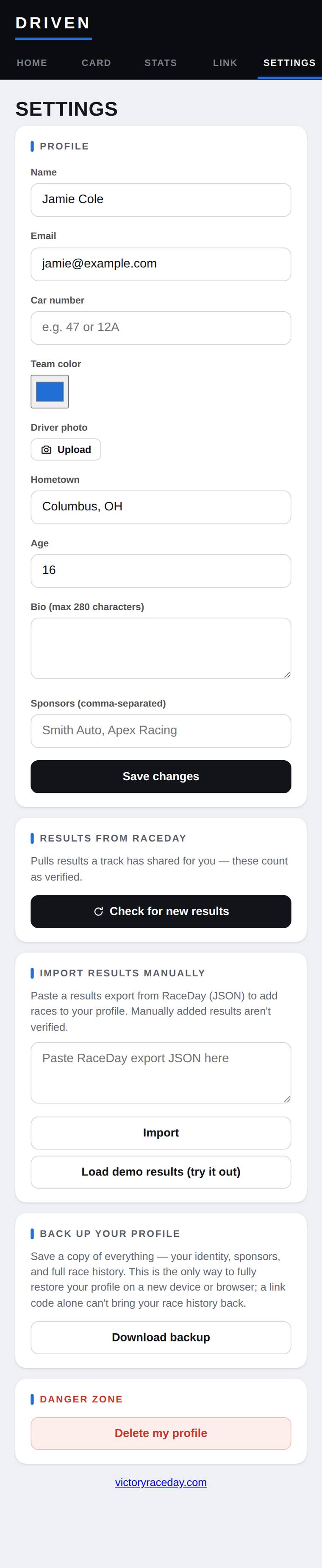 Driven settings, results-from-RaceDay and manual-import sections