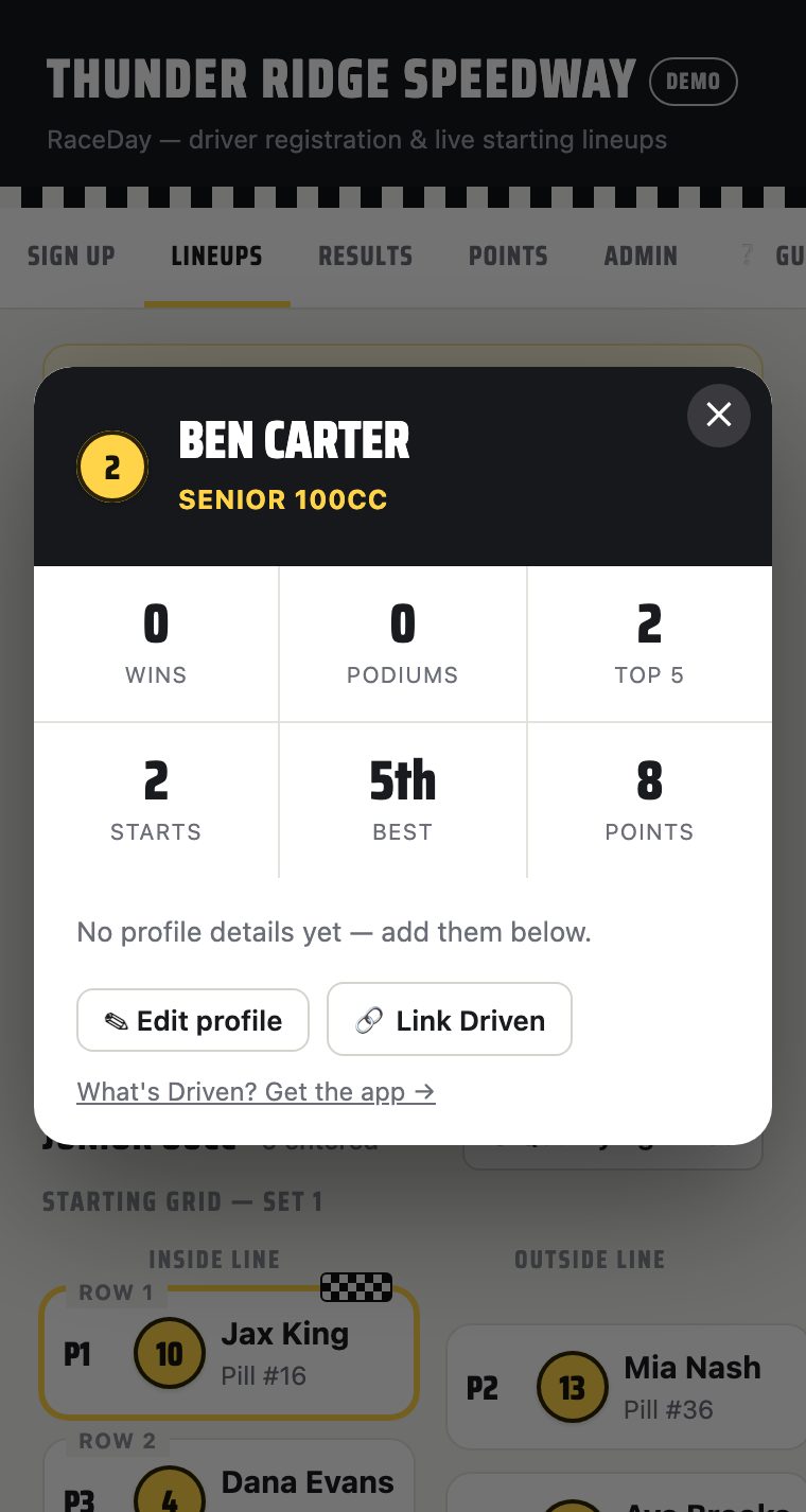 RaceDay driver card showing the Link Driven button