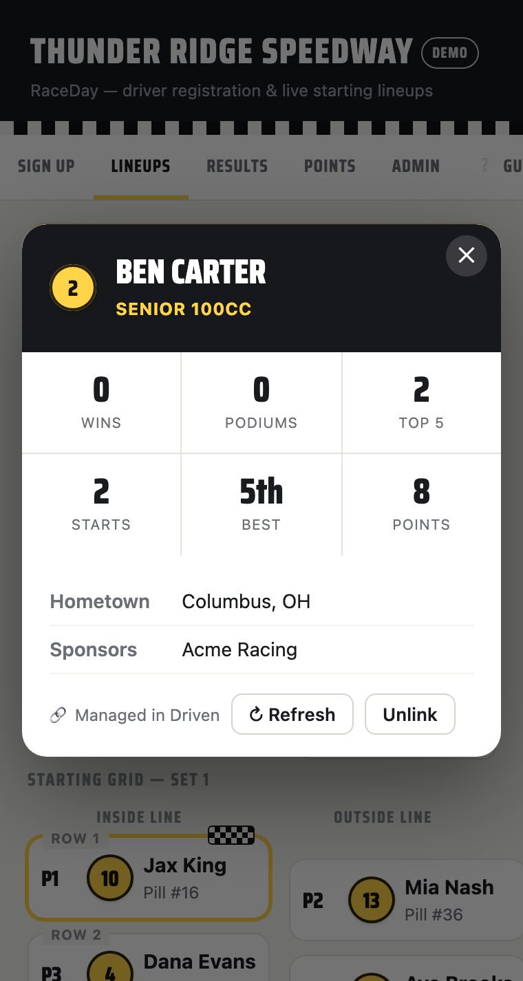 RaceDay driver card showing a linked Driven profile