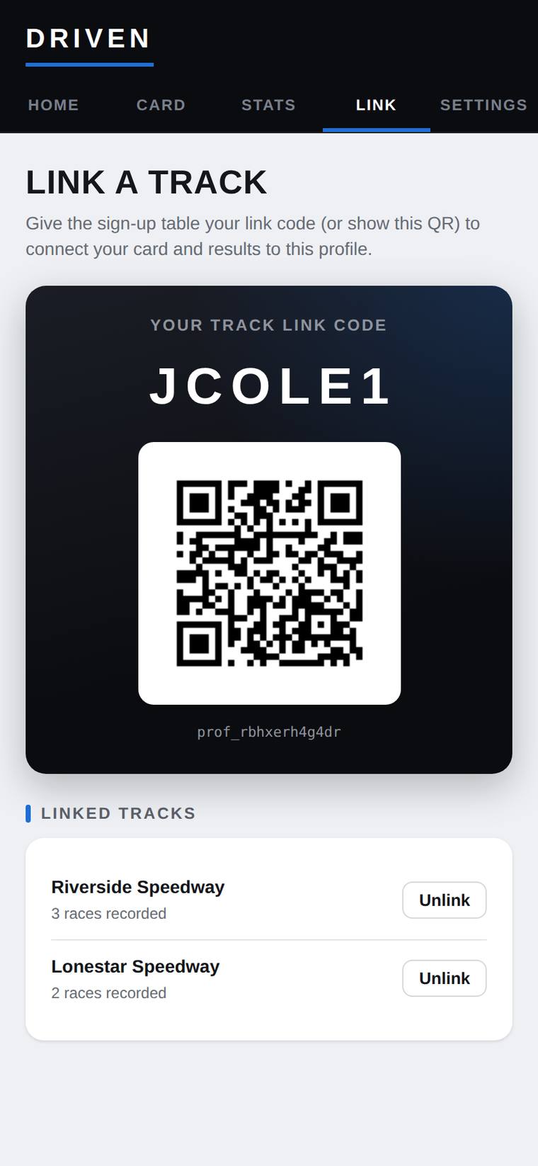 Driven Link tab showing the short code and QR code