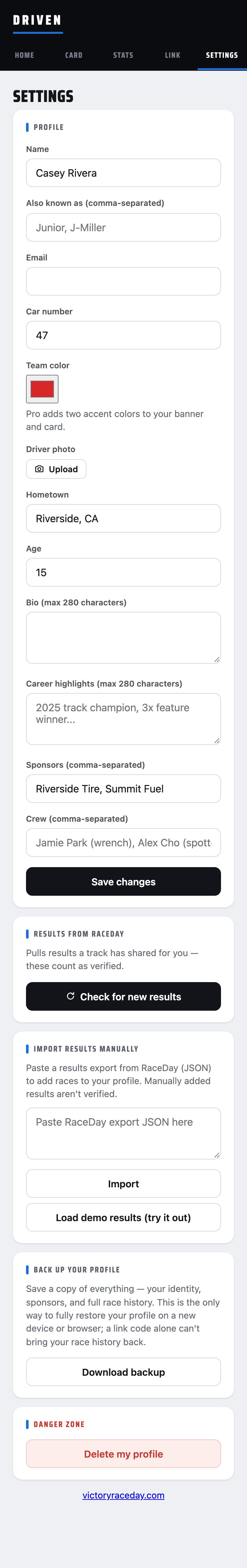 Driven settings profile fields