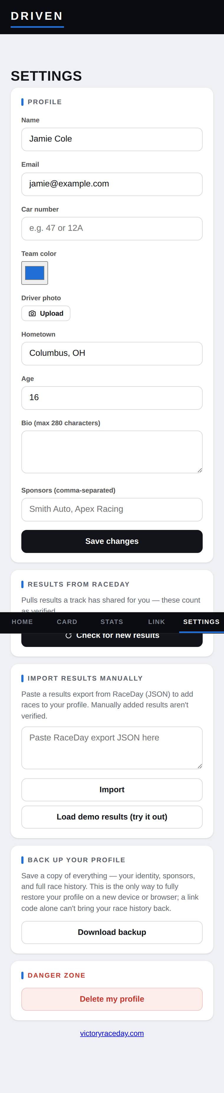 Driven settings backup and danger zone