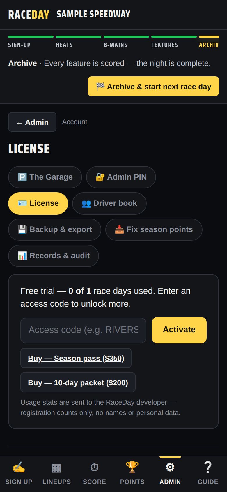 Admin → License