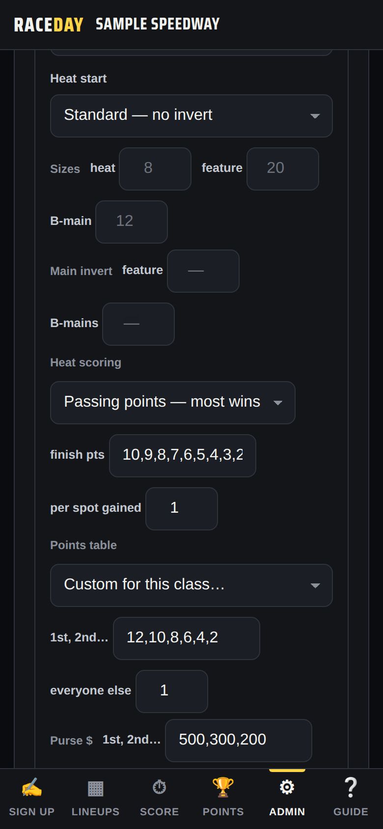 Purse, points table and heat scoring